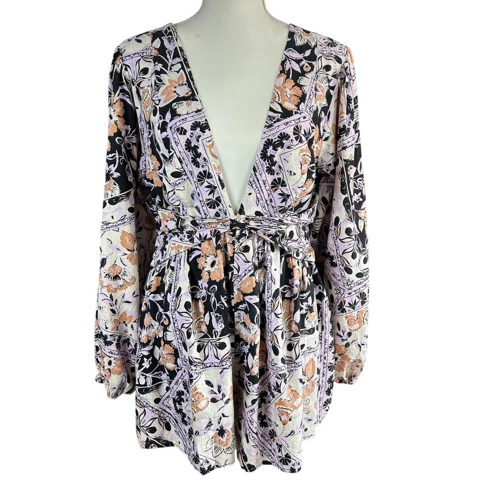 Free People Romper Size L Black Ivory Boho Floral Linen Blend Coastal Open Back